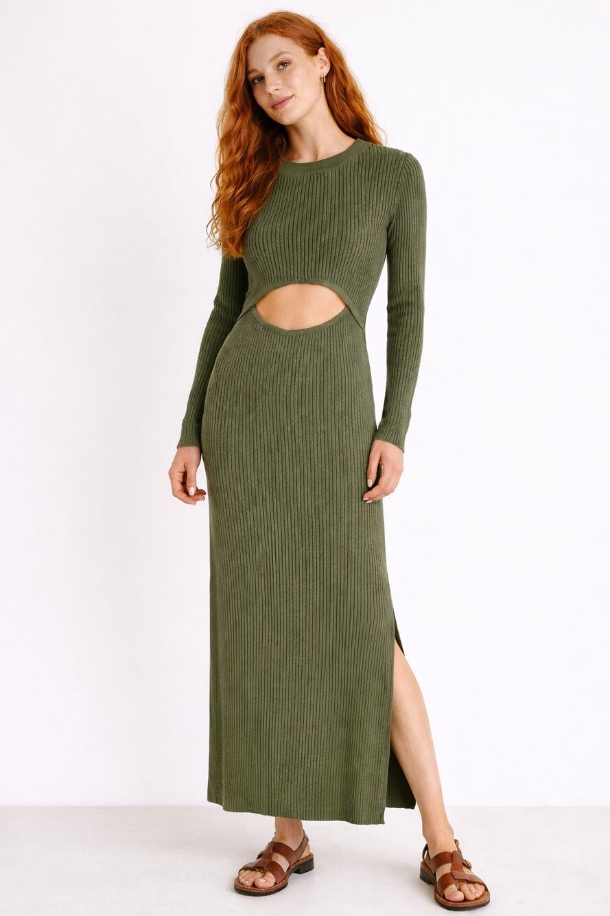 O. Vianca Ribbed Long Sleeve Cut Out Knit Maxi Dress Womens Size Large Green New